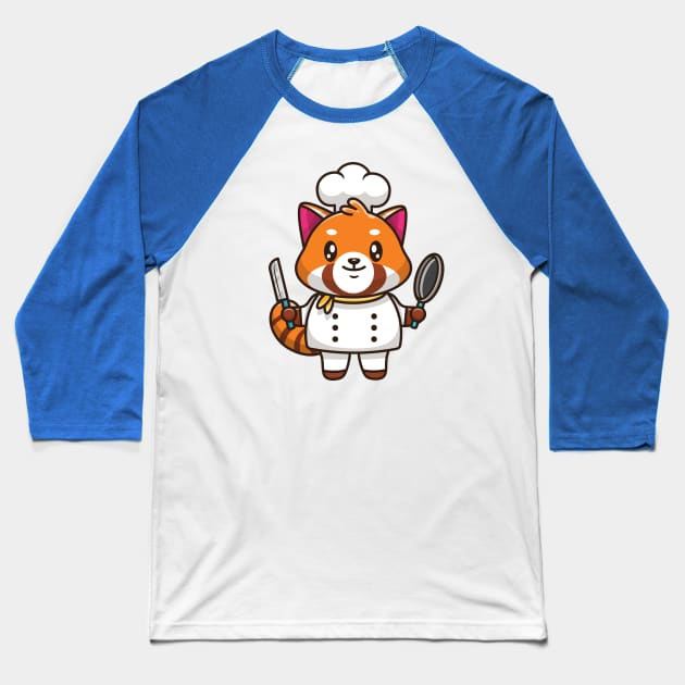 Cute Red Panda Chef Holding Pan And Knife Cartoon Baseball T-Shirt by Catalyst Labs